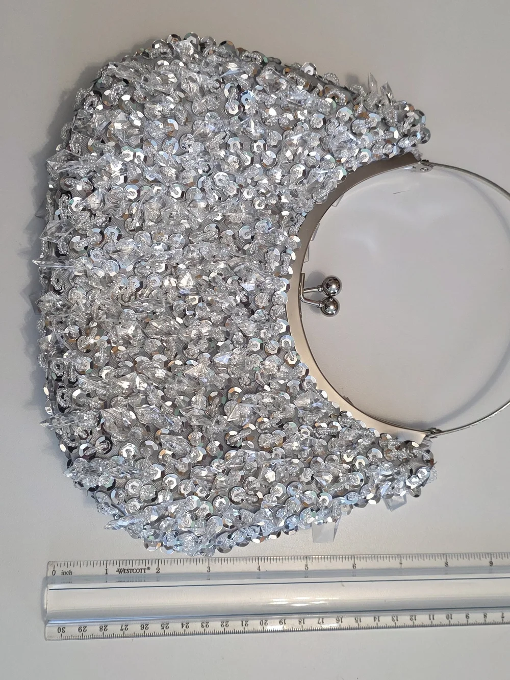 Silver Sequin Evening Clutch Bag with Metal Handle